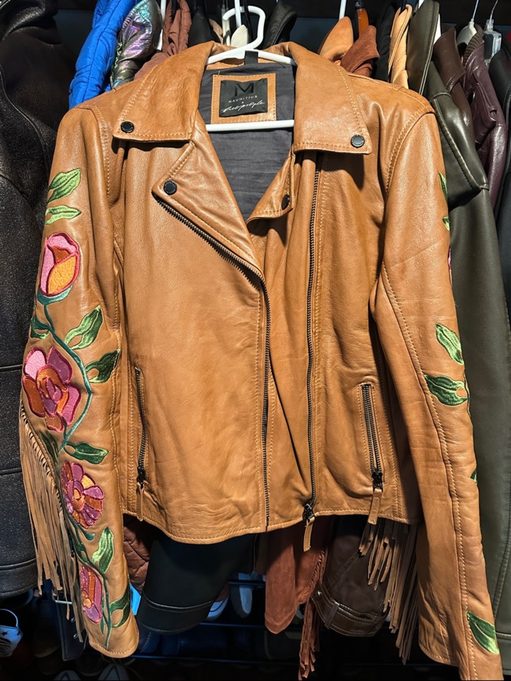 Free people x MAURITUS Crissy brown leather fringe jacket floral Size L - Picture 8 of 11